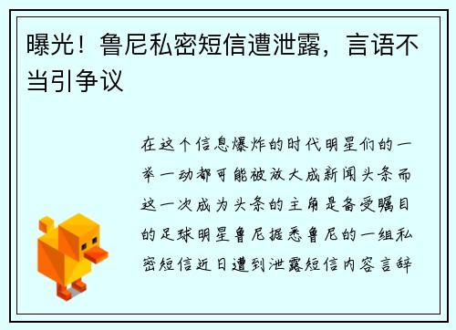 曝光！鲁尼私密短信遭泄露，言语不当引争议